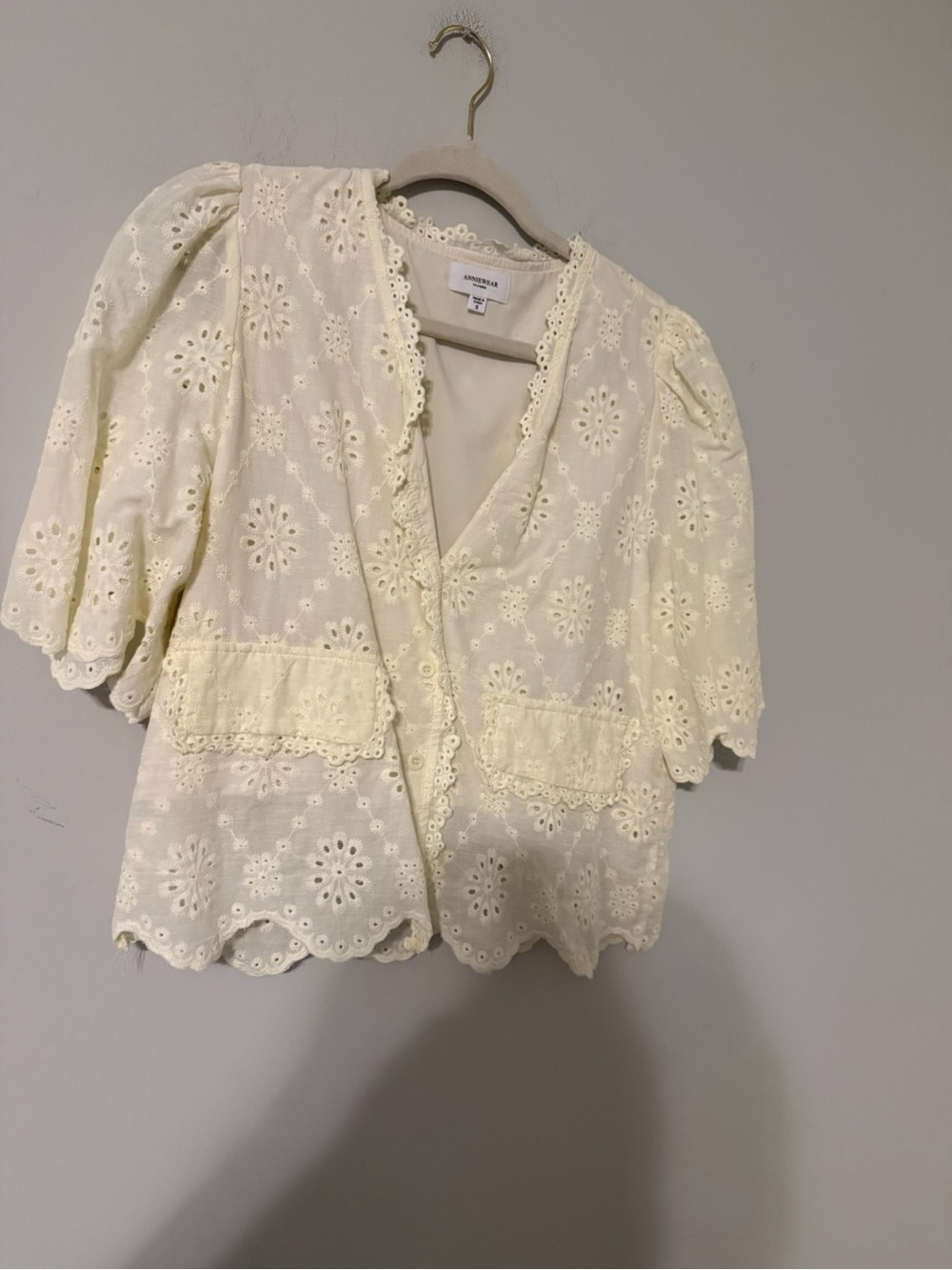 Eyelet Lace Short-Sleeve Blouse in Cream